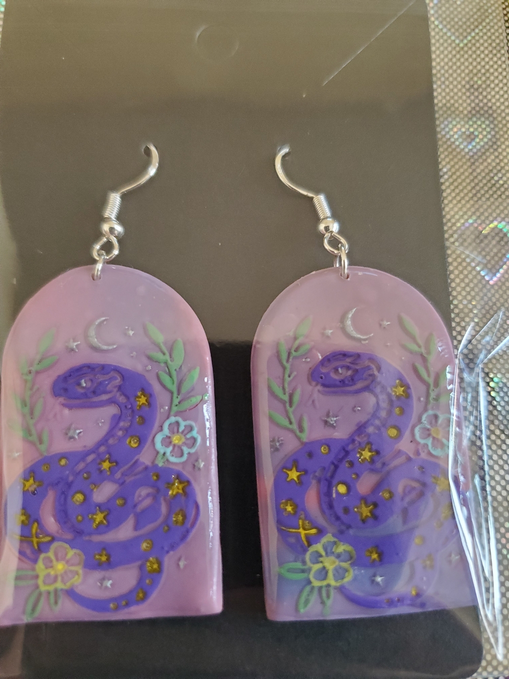 Lavender Themed Snake Dome Earrings - Purple Snake Motif - Picture 3 of 3
